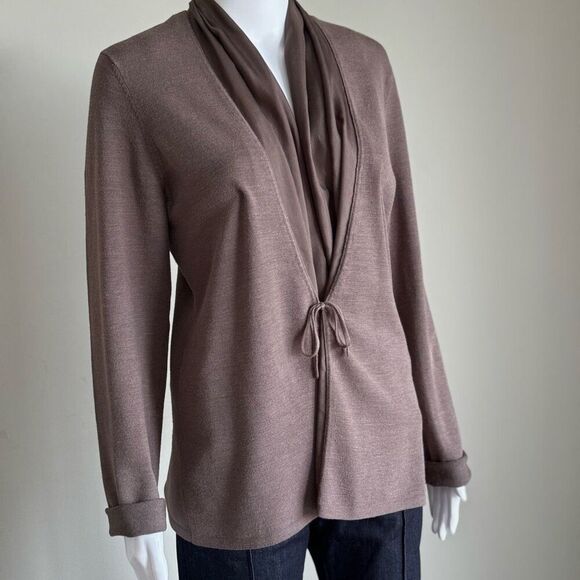 Eileen Fisher Brown Silk Trim Tie Waist Cardigan Sweater - Picture 3 of 11